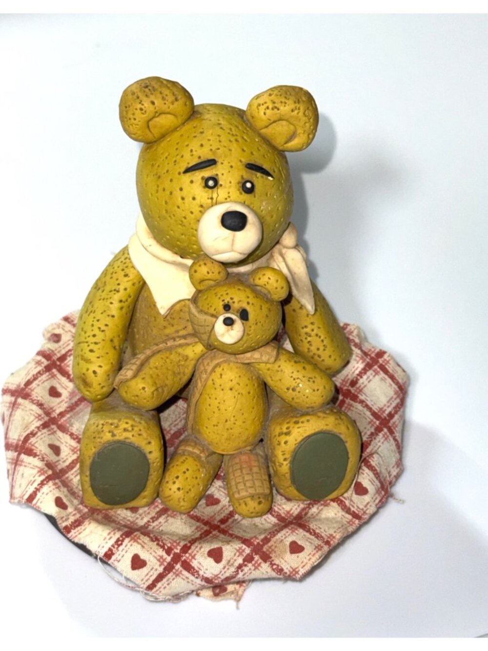 Vintage Teddy Bear Figurine With Baby Bear On Plaid Fabric Base Rustic Country D